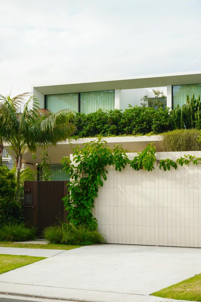 Contemporary home exterior with greenery and palm trees, showcasing modern architecture.